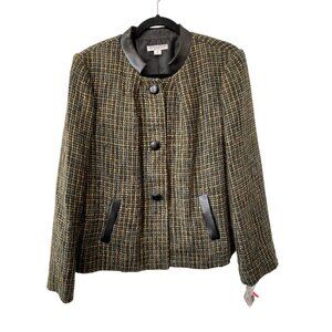 Vintage 90s Pendleton Tweed Blazer Size 16P Black Olive Faux Leather Trim NEW